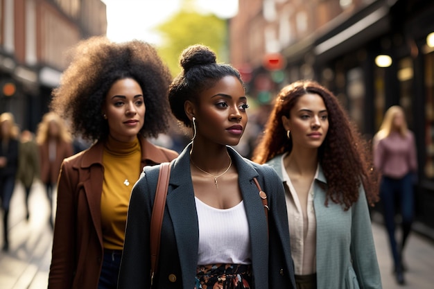 Un groupe de belles jeunes femmes marche résolument dans une rue de la ville moderne souriant et interracial Ai généré