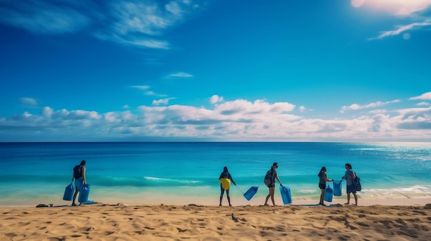 Un groupe de bénévoles nettoie les ordures sur une plage.