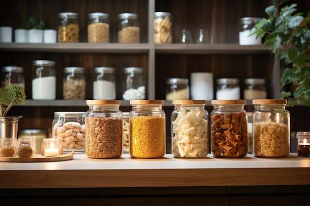 un groupe de bocaux en verre avec des céréales et des pâtes dans la cuisine