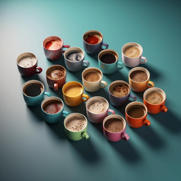 Photo un groupe de boissons colorées de tasse de café dans différentes couleurs