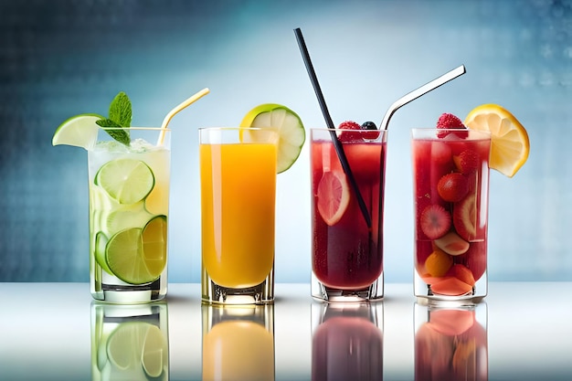 un groupe de boissons différentes avec des fraises et des oranges