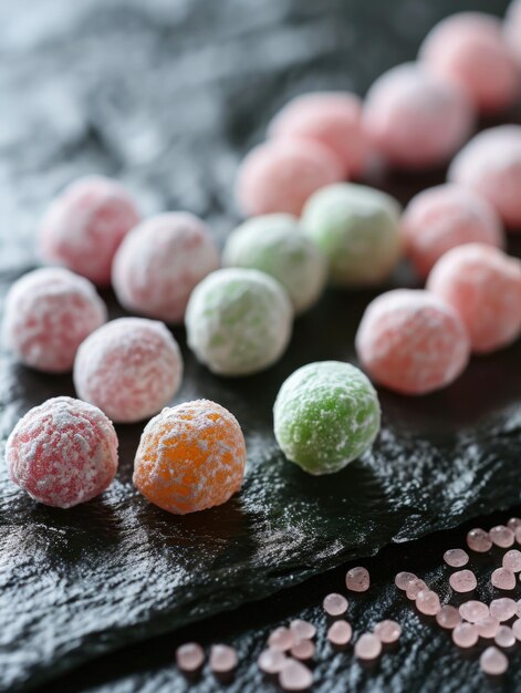 Photo un groupe de bonbons ronds sur une surface noire