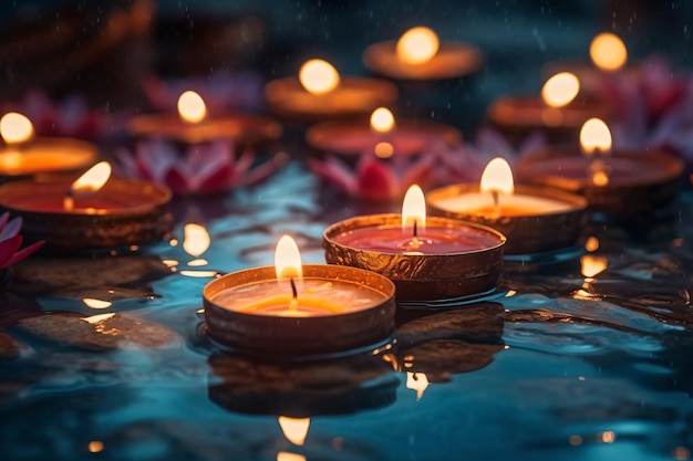 un groupe de bougies allumées flottant dans un étang