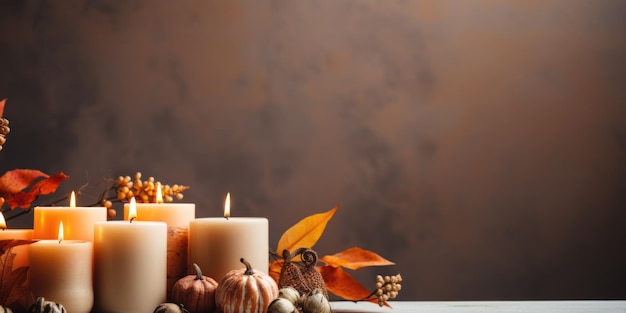 Un groupe de bougies assises sur une table Décor de Thanksgiving d'automne Lieu de copie pour le texte