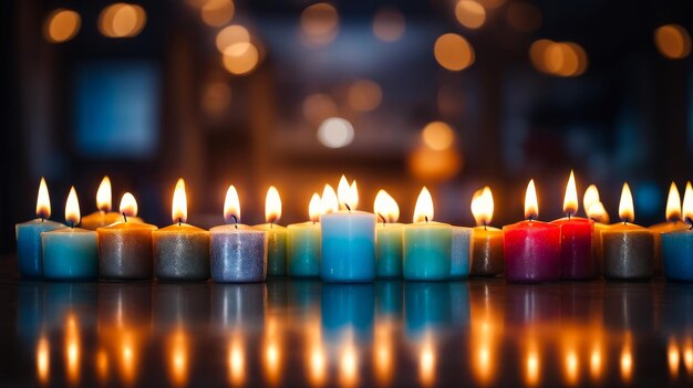 Un groupe de bougies bleues et roses est allumé en rangée