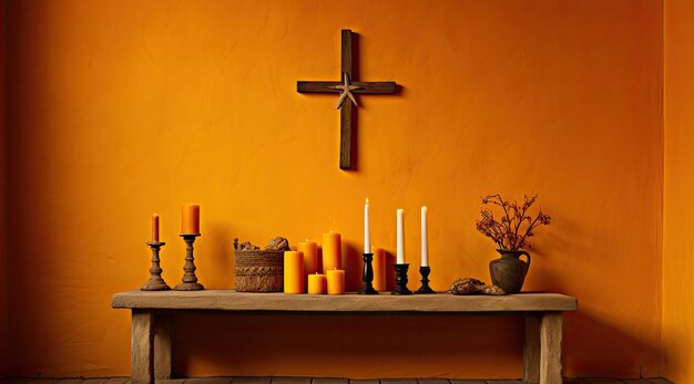 un groupe de bougies et une croix sur une étagère