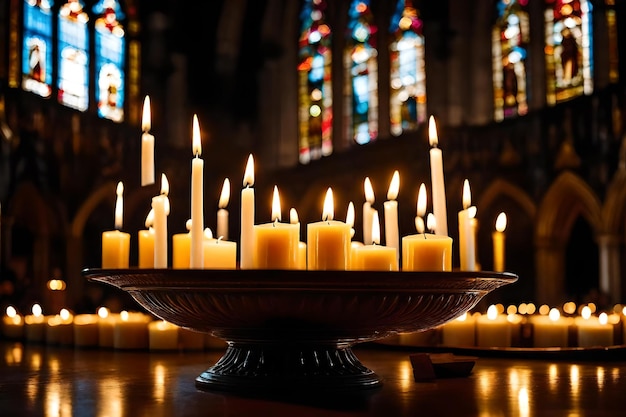 Un groupe de bougies dans une église avec un vitrail derrière elles.