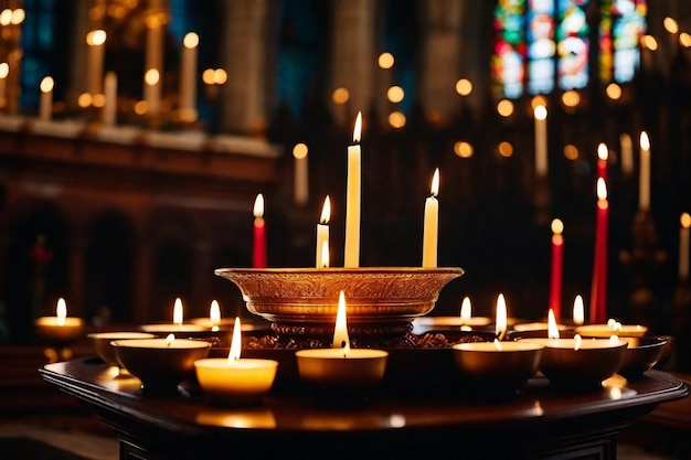 un groupe de bougies avec une église en arrière-plan