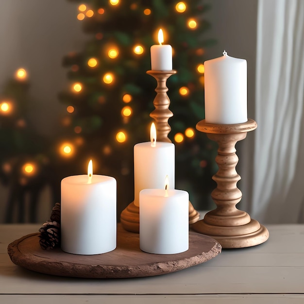 Un groupe de bougies est allumé devant un sapin de Noël.