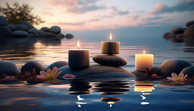 Photo un groupe de bougies flottent sur la surface d'un plan d'eau.