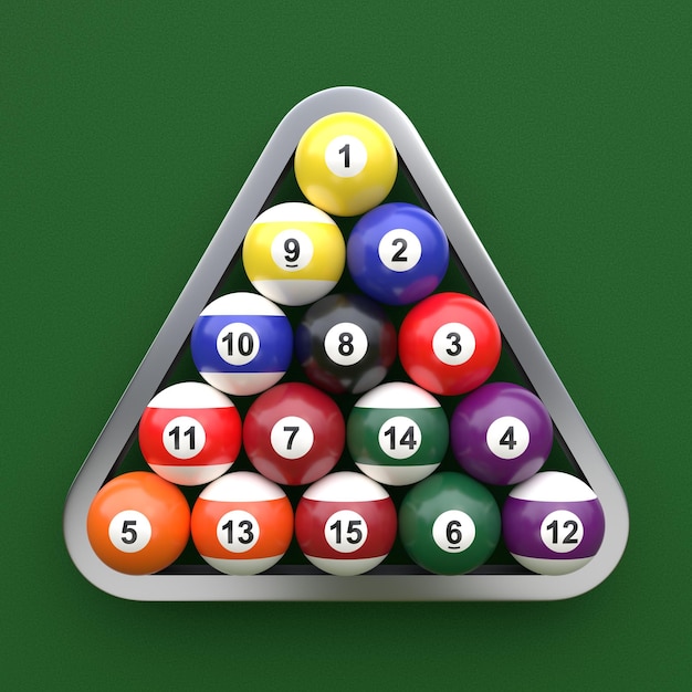 Un groupe de boules de billard brillantes colorées avec des chiffres sur une table de billard verte Ensemble de boules de billard 3D
