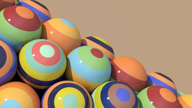 Groupe de boules rayées colorées. Fond beige, gros plan. Illustration abstraite, rendu 3d.