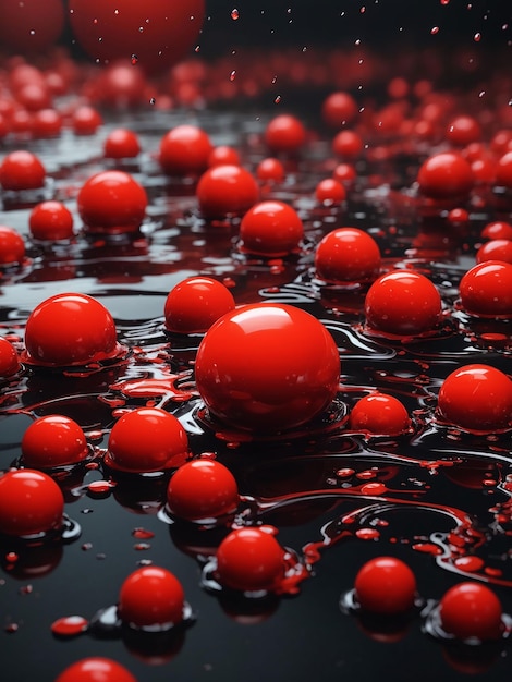 un groupe de boules rouges flottant sur une surface noire