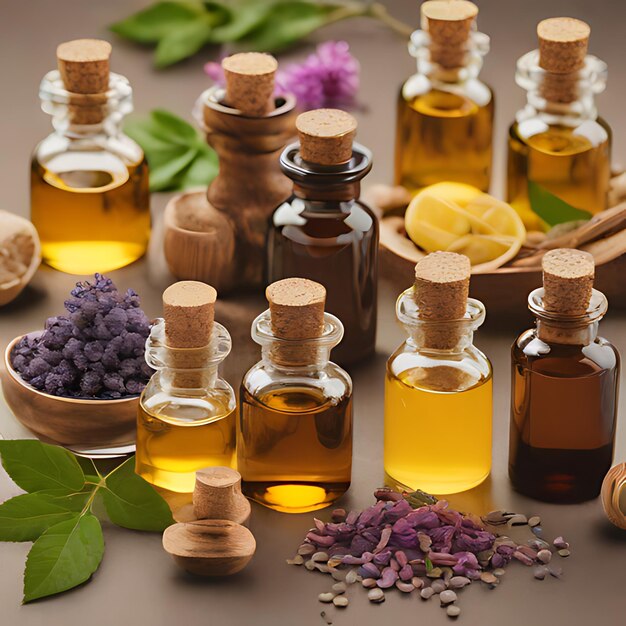 un groupe de bouteilles d'huile d'olive et une fleur violette