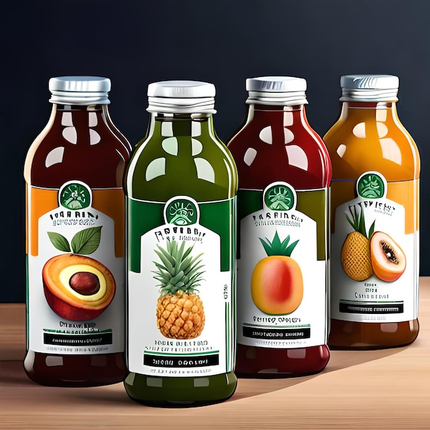 Un groupe de bouteilles de jus avec différentes saveurs de fruits.