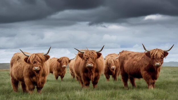 Un groupe de bovins de montagne aux cheveux longs avec un ciel gris nuageux