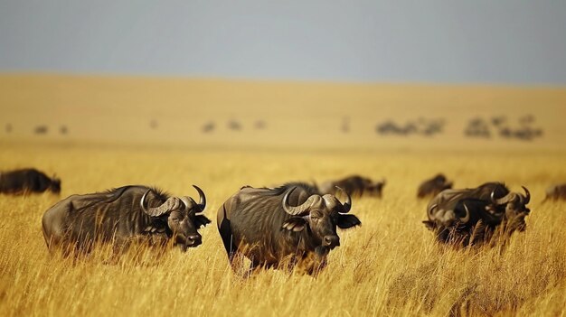 Photo un groupe de buffles du cap dans la nature