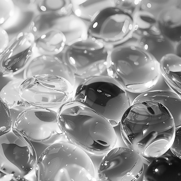 un groupe de bulles d'eau dans un bol avec un fond noir et blanc
