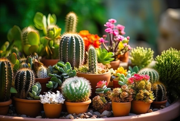 Groupe De Cactus Et Succulentes En Pot Extérieur Dans Le Jardin