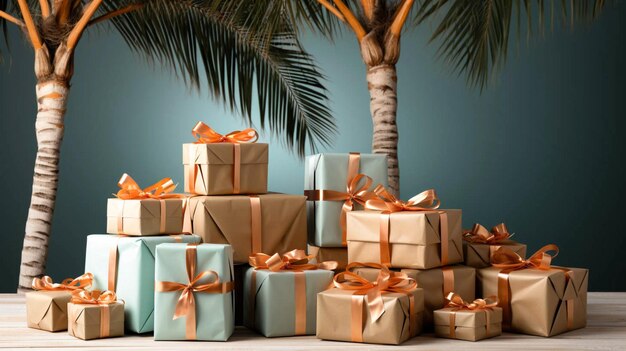 Photo un groupe de cadeaux emballés assis à côté d'un palmier