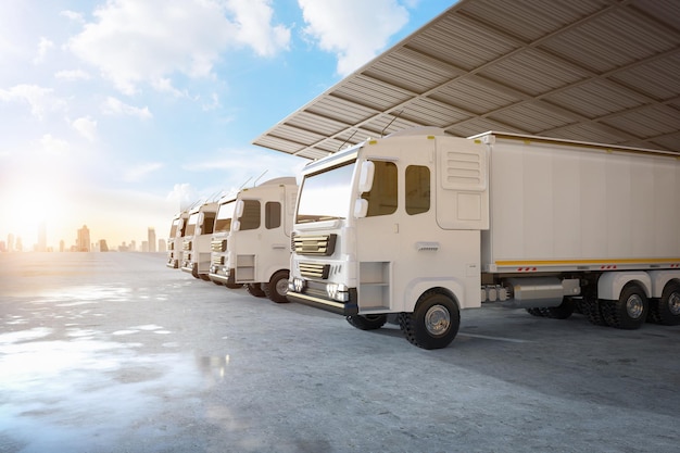 Groupe de camions remorques logistiques ou de camions à l'entrepôt