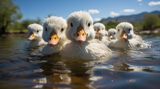 Un groupe de canards blancs nageant dans le lac.