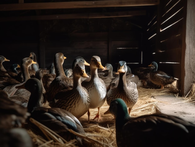 Un groupe de canards dans une grange générative ai