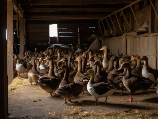 Un groupe de canards dans une grange générative ai