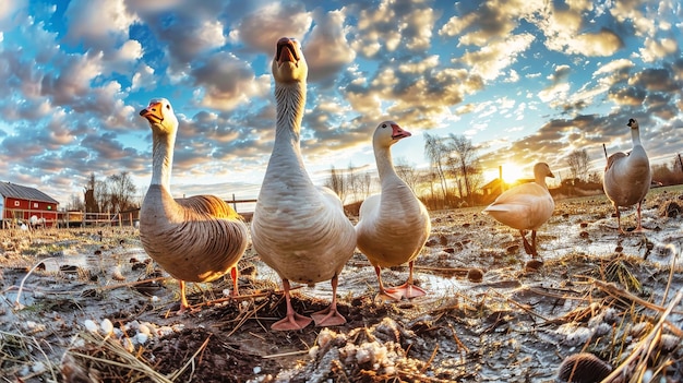 Un groupe de canards debout sur un champ de terre