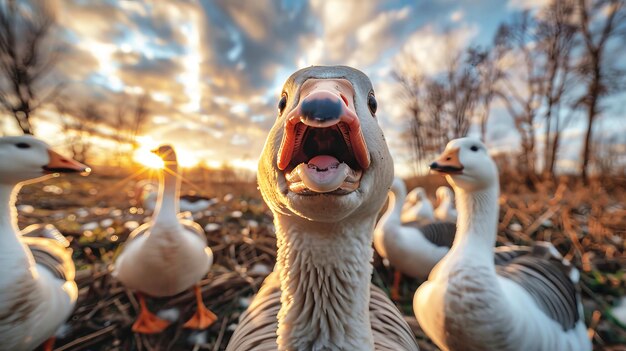 Un groupe de canards debout ensemble sur un champ herbeux