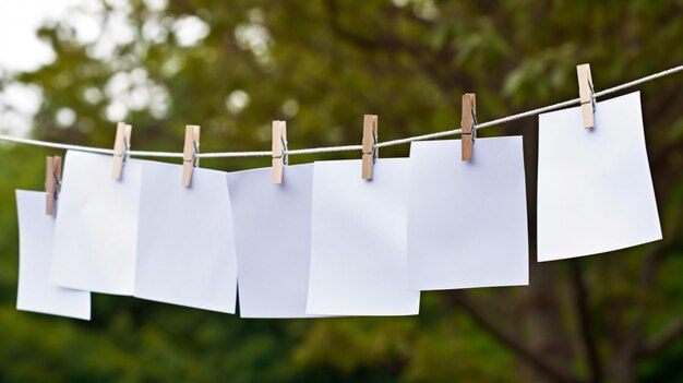 Photo un groupe de cartes blanches vierges accrochées à un vêtement