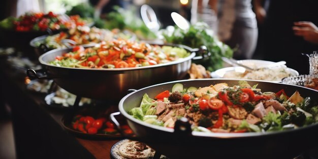 Photo groupe de catering buffet de nourriture à l'intérieur dans un restaurant avec de la viande, des fruits et des légumes colorés