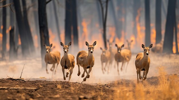 Un groupe de cerfs fuyant un incendie de forêt