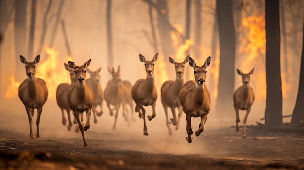 Un groupe de cerfs fuyant un incendie de forêt