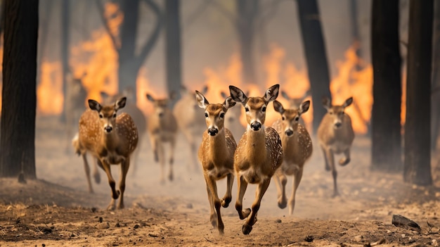 Un groupe de cerfs fuyant un incendie de forêt