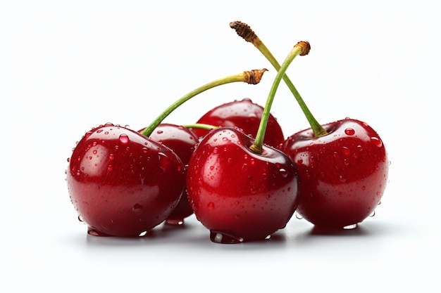 un groupe de cerises avec des feuilles sur une surface blanche