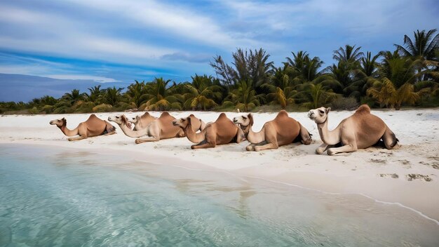 Photo un groupe de chameaux sur la plage de diana au kenya, en afrique.