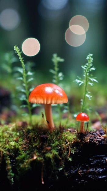 Un groupe de champignons assis au sommet d'une forêt couverte de mousse ai