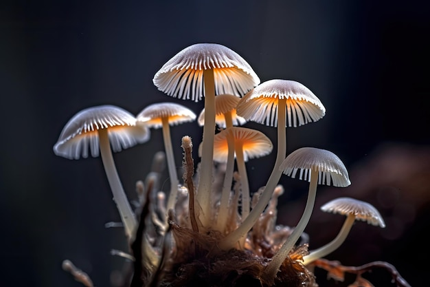 Un groupe de champignons avec des chapeaux orange et blancs et des rayures blanches sur le dessous.