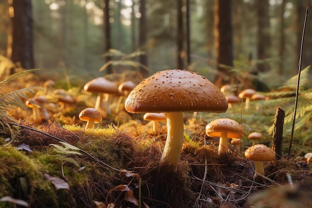 Groupe de champignons comestibles poussant dans l'herbe en forêt lors d'une journée d'été ensoleillée Illustration de l'IA générative