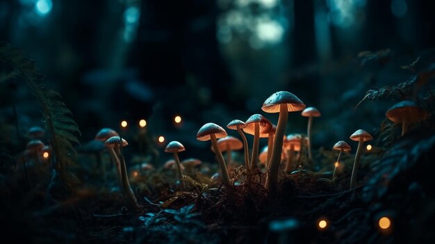 Un groupe de champignons dans une forêt avec un fond bleu