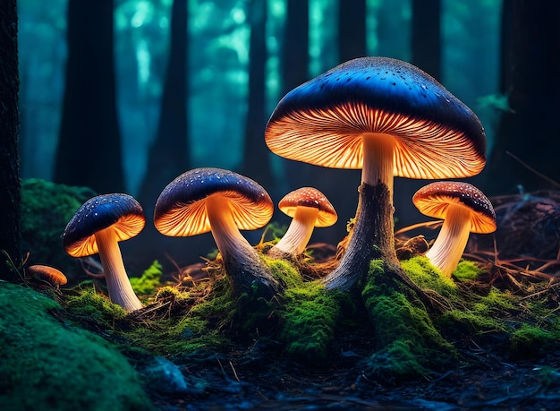 Un groupe de champignons dans une forêt sombre avec un fond vert moussu.