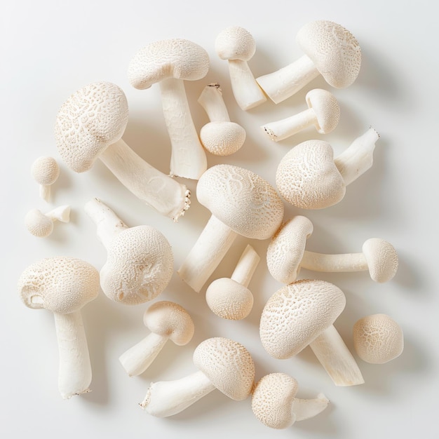 Photo un groupe de champignons disposés sur un fond blanc plat