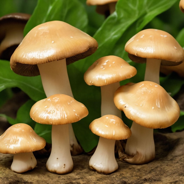 Un groupe de champignons est sur une bûche avec des feuilles vertes.