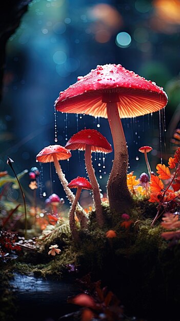 Photo un groupe de champignons avec des gouttes d'eau sur eux et le mot champignon