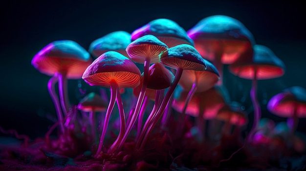 Un groupe de champignons avec une lumière violette dessus