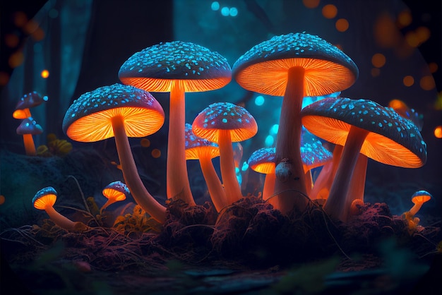 Un groupe de champignons avec des lumières orange brillantes dans l'obscurité