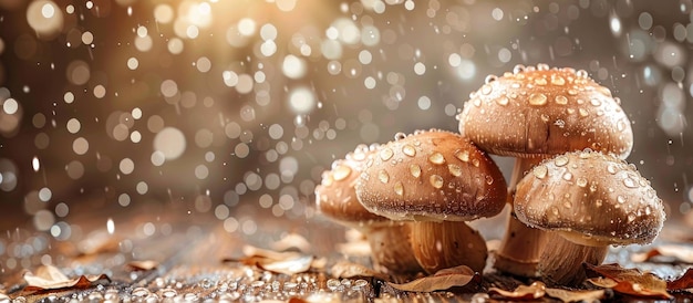 Un groupe de champignons sur une pile de feuilles