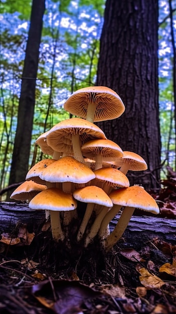 un groupe de champignons poussant sur une bûche dans les bois