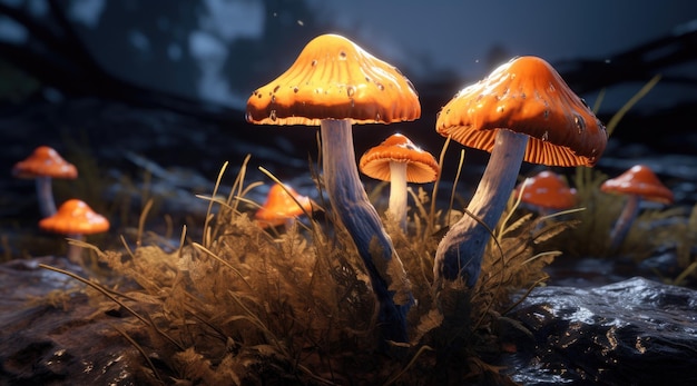 un groupe de champignons poussant dans l'herbe